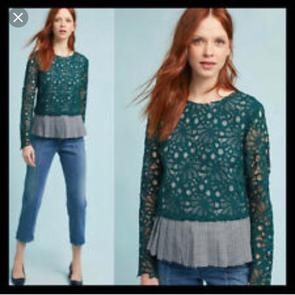 Maeve Gingham & Lace Top Blouse Pleated